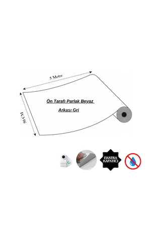 Parlak Beyaz Arkası Gri Mobilya Ve Dolap Kaplama Folyosu 50 Cm X 5 Metre