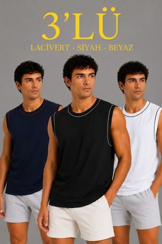 Efnaz Style Erkek 3 Lü Kolsuz Sporcu Atlet Seti Yazlık Bisiklet Yaka - Siyah, Lacivert, Beyaz Çok Renkli