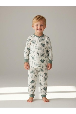 Zekids Erkek Çocuk Pamuklu Safari Desenli Çıtçıtlı Pijama Takımı-16836 Mint