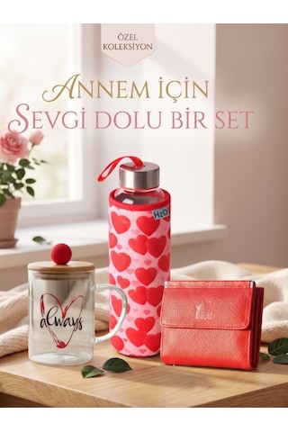Deerderi Hakiki Deri Cüzdan, Kupa Ve Kılıflı Matara Seti Kırmızı
