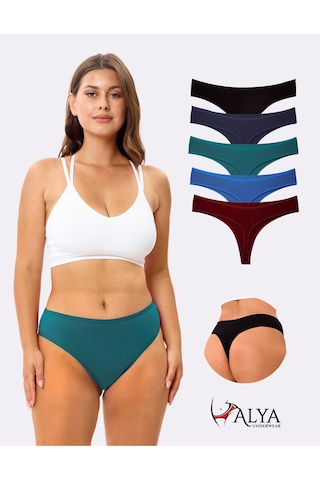 Alya Underwear Kadın Bato Tanga Pamuklu Külot, Büyük Beden String, 5'li Paket- 2 Siyah, 1 Beyaz, 2 Ten Multicolor-p24