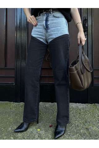 Sensuelle Jeans Kot Parçalı Palazzo Pantolon - Siyah Siyah