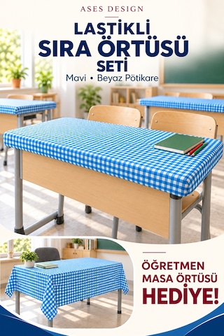 Mavi Beyaz 15'li Lastikli Sıra Örtüsü, 100x140 Cm Öğretmen Masa Örtüsü Hediye