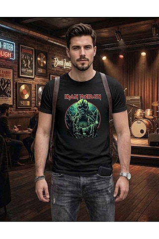 Erkek Iron Maiden Rock Metal Grubu Baskılı Pamuklu T-shirt Siyah