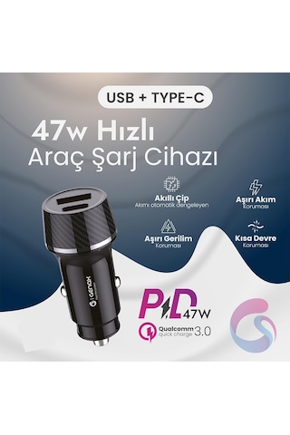 Lexroo Ultra Hızlı 47w Araç Şarj Başlığı - Tüm Cihazlar İle Uyumlu