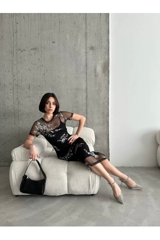 Kadın Baskılı Şifon Kimono Elbise - Siyah Siyah