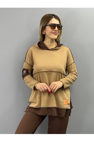 Kadın Kahve Kapşonlu Etek Ucu Detay Arma Ters Dikiş Gorunumlu Ikili Takım Sütlü Kahve