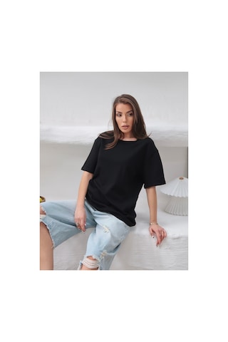 Paw Garage Kadın Mia İnterlok Kumaş Bisiklet Yaka Oversize T-shirt SIYAH