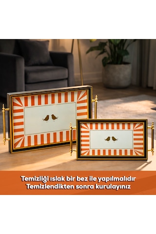 Porsima 4389 2'li Dekoratif Dikdörtgen Servis Tepsi Seti - Çay Ve Kahve Kahvaltılık Sunum Tepsisi Turuncu