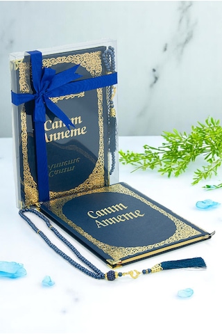 Anneye Hediye Kutulu İnci Tesbihli Ciltli Yasin Kitabı Seti Lacivert