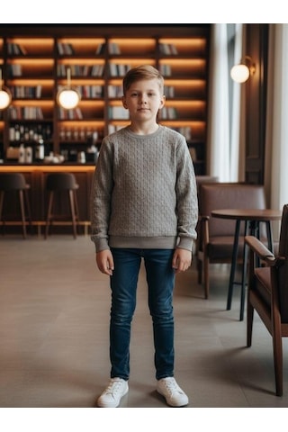 Erkek Çocuk Dokulu Kumaş Kazak-16353 Gri