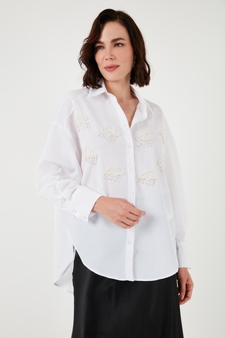 Lela Taş Detaylı Uzun Kollu Regular Fit Bayan Gömlek 611Go00418 Ekru