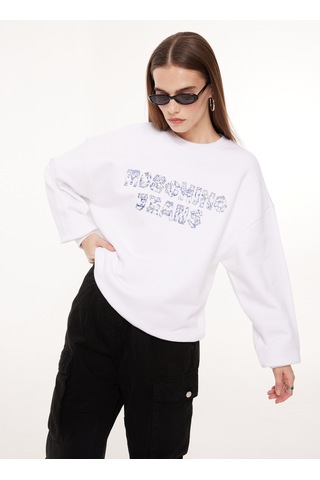 Moschino Jeans Bisiklet Yaka Baskılı Beyaz Kadın Sweatshırt A1703