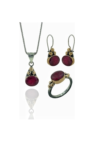 Doğal Yakut Taşlı El Üretimi Otantik 925 Gümüş Set Takım