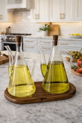 Morponi Akasya Stantlı Borosilikat Cam Akasya Kapak Glazzy Yağlık Seti 500 Ml + 500 Ml Düz Şeffaf
