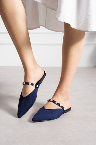 Lorenn Shoes Pearl Lacivert Mat Saten İnci Detaylı Kadın Terlik