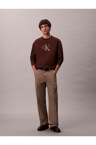 Erkek %100 Pamuklu Ck Logolu Yuvarlak Yakalı Uzun Kollu Kahverengi Sweatshirt Kahverengi