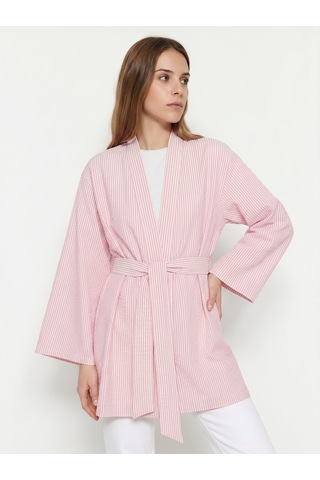 Saade Sââde Kadın Dikey Çizgili Geniş Kollu Şık Yazlık Relaxed Kimono Pembe