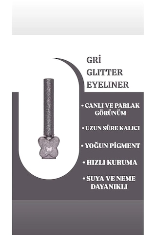Mov Glitter Eyeliner Gri Metalik Görünüm, İnce Uçlu Kalem Eyeliner 02 Gri