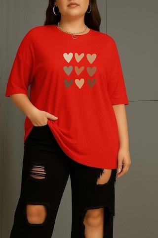 Büyük Beden Sıralı Kalpler Baskılı Unisex Tişört Kırmızı