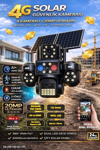 20mp Ultra Hd 4 Lens Tam Kontrol Güneş Enerjili Kamera Sim Kartlı Dual Led 12xzoom Çakar Led Siren