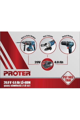 Proter PST 903 Trio Şarjlı Delici Kırıcı Matkap + Avuç Taşlama + Darbeli Matkap 3'lü Set