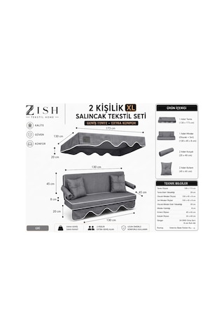 Zishome 2 Kişilik Salıncak Tekstil Seti 130x45x8 Cm Bahçe Balkon Salıncağı Minder Ve Tente Takımı Metal İskelet Dahil Değildir Gri