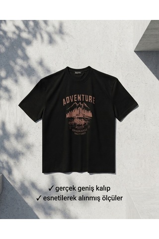 Büyük Beden Bisiklet Yaka Baskılı Erkek Tshirt Siyah