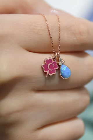 925 Ayar Gümüş Rose Kaplama Yonca Mineli C Harf Opal Damla Kolye
