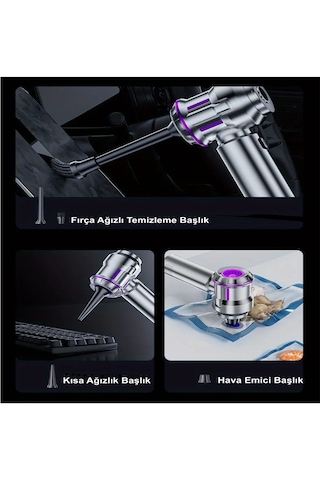 H-8083 20.000pa Kablosuz Oto Araç Süpürgesi Şarjlı 3 Kademeli Profesyonel Ultra Çekim Güçlü Mini Gümüş Gri