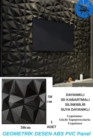 50cm X 50cm 1 Adet 3d Abs Malzeme Pvc Dayanıklı Duvar Paneli Silinebilir Geometrik Model Panel Siyah