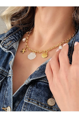 İstiridye Midye Deniz Yıldızı Deniz Atı İnci Model Charmlı Yaz Beach Plaj Tatil Kolye 46cm Gold