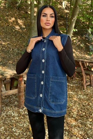 WeShaya Mavi Denim Kolsuz, Düğmeli, Geniş Cepli Uzun Kot Yelek Mavi