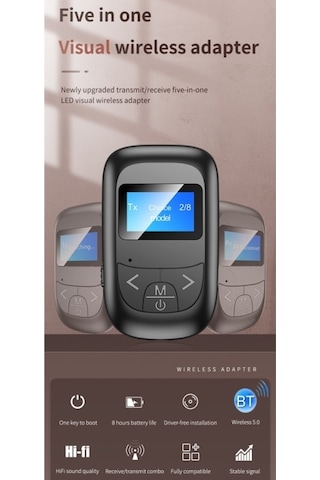 Sones T-14 Bluetooth 5.0 2'si 1 Arada Lcd Dijital Ekran Bluetooth Adaptörü Alıcı Verici Siyah