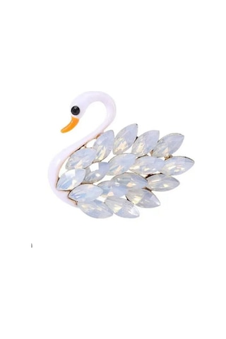 Mekik Taşlı Mineli Kuğu Broş-4.5 Cm Beyaz