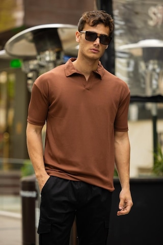 Glasses V Yaka Oversize Fitilli T-shirt - Kahve Kahve