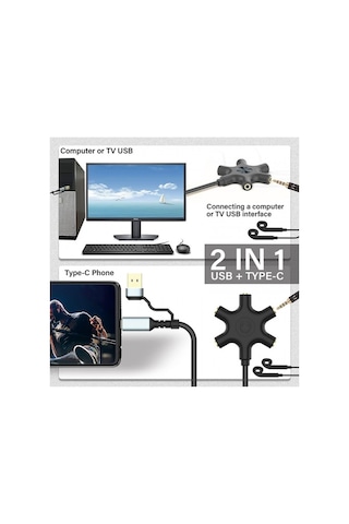Usb A Type C Ses Kartı Ve 5 Port Kulaklık Çoklayıcı Dağıtıcı Splitter