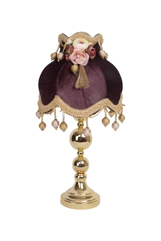 Kahverengi Kadife Başlıklı Nilin Çiçeği Süslemeli Gold Metal Ayaklı Vintage Model Abajur 60x30cm
