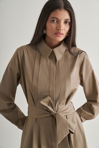 Mizalle Premium Saf Pamuk Mocha Rengi Piliseli Uzun Elbise Çok Renkli