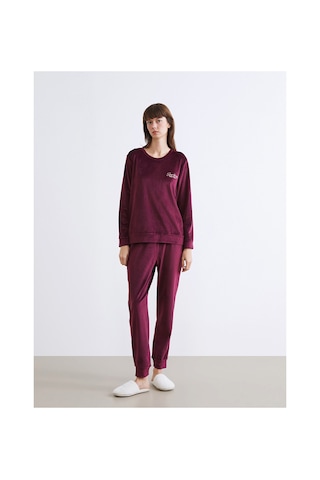Lcw Dream Mürdüm Bisiklet Yaka Nakışlı Kadife Kadın Pijama Takımı
