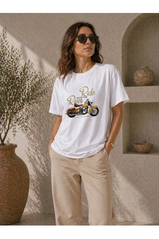Wear Vexel Kadın Motosiklet Baskılı Tişört Bisiklet Yaka Kısa Kol Yazlık T-shirt - Beyaz Beyaz