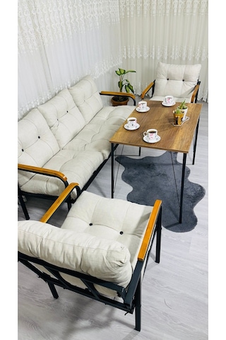 Madame Home Açelya Balkon, Bahçe, Cafe - Salon - Metal Kanepe Koltuk Takımı 3+1+1 + Masa Krem