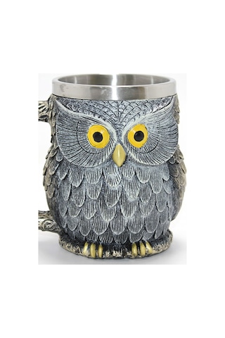 Baykuş Tasarım Kabartmalı Paslanmaz Çelik Kupa Bardak - 3d Mistik Tasarım Dekoratif Mug Kabartmalı Çok Renkli