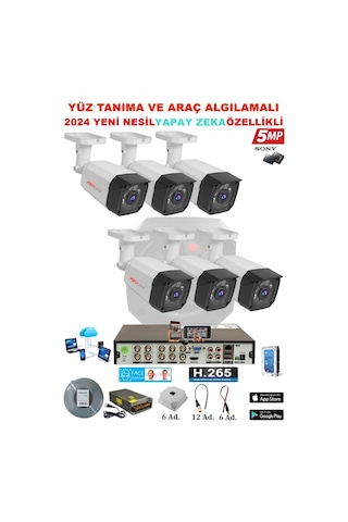 6 Kameralı Yapay Zeka Özellikli Yüz Tanıma ve Araç Algılamalı 5 Mp Kuruluma Hazır Kamera Seti