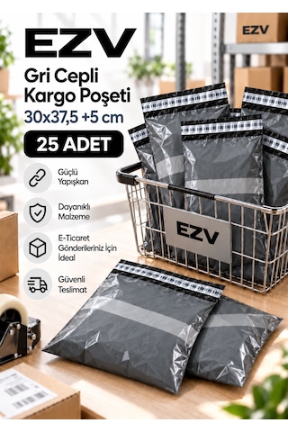 Gri Cepli Kargo Poşeti 30x37,5 +5 Cm 25 Adet