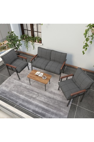 Mygusi Modern'' Balkon, Bahçe, Cafe - Metal Kanepe Koltuk Takımı - 2 1 1 Sehpa Hediyeli Koyugri Koyu Gri
