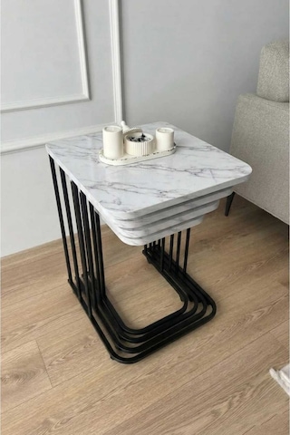 Renlife Zigon Sehpa Takımı 4'lü Metal Tekerlekli Modern Salon Oturma Odası Sehpası Siyah Beyazmermer Siyah Beyaz Mermer