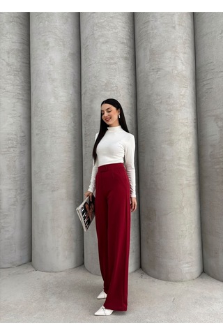 Kadın Likralı Cırt Kapama Lacivert Geniş Paçalı Rahat Palazzo Pantolon Bordo