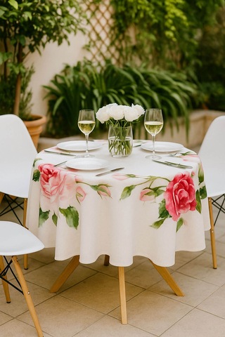Yuvarlak Gül Desenli Duck Kumaş Masa Örtüsü 150x150 Cm Çok Renkli