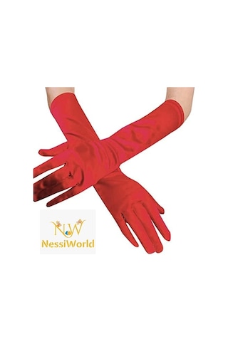 Nessiworld Kırmızı Renk Dirseğe Kadar Uzun Kumaş Eldiven 40 Cm